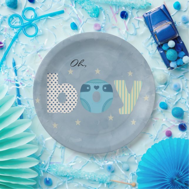 Oh Junge Blaue Wasserfarbe Windel Baby-Party Pappteller (Party)
