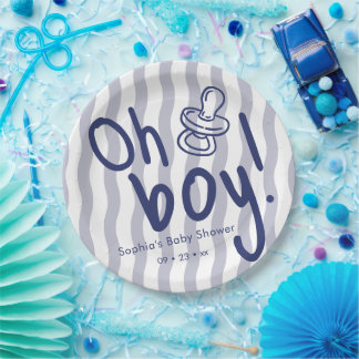 Oh Junge Blaue Wellenstreifen Baby Shower Pappteller