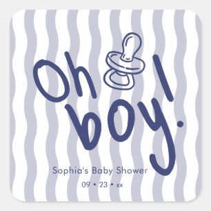 Oh Junge Blaue Wellig gestreifte Babyparty Quadratischer Aufkleber