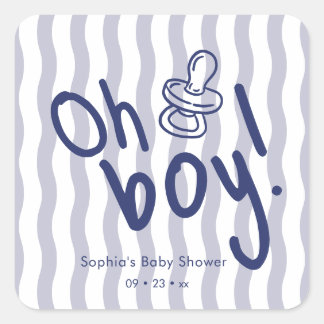 Oh Junge Blaue Wellig gestreifte Babyparty Quadratischer Aufkleber