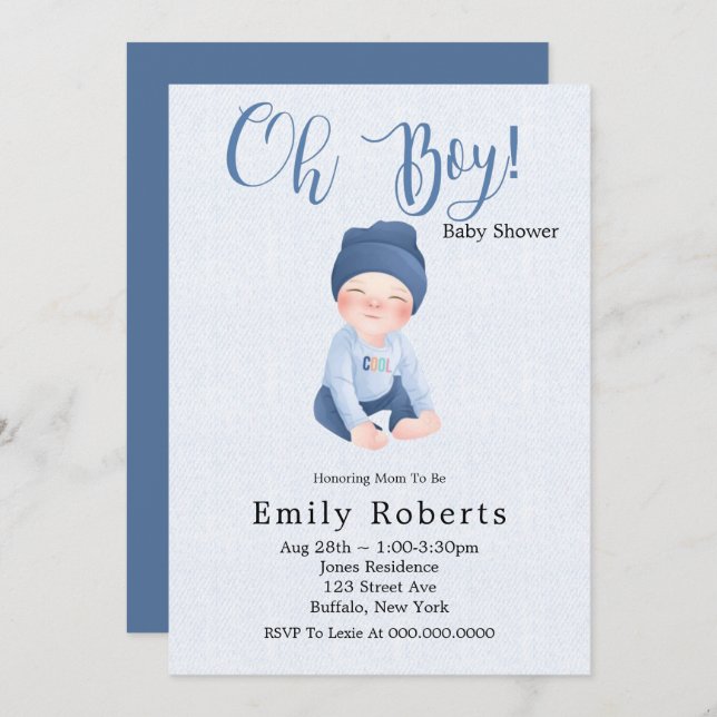 Oh Junge blauen Denim Cartoon Baby Shower Einladun (Vorne/Hinten)