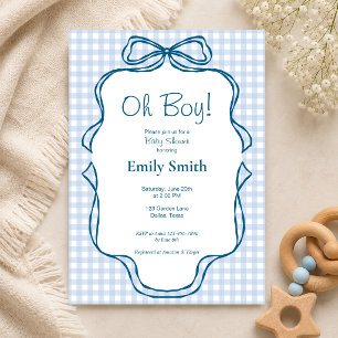 Oh Junge Blaues Gingham-Baby-Party-Einladung Einladung