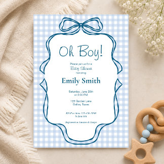 Oh Junge Blaues Gingham-Baby-Party-Einladung Einladung