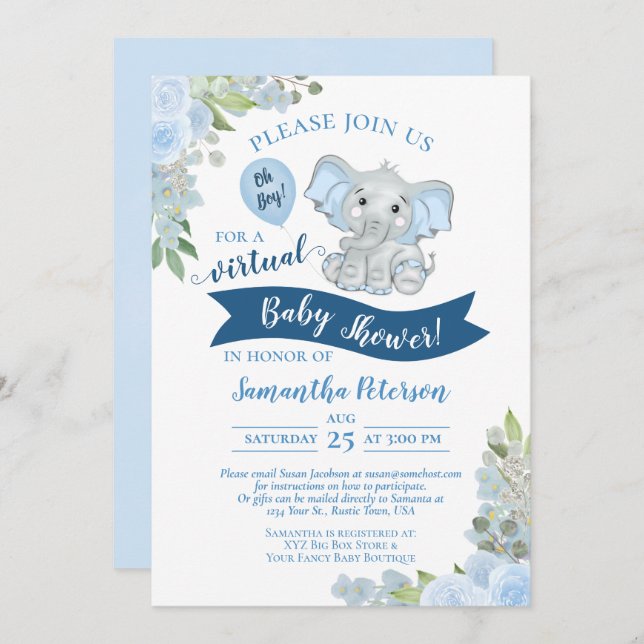 Oh Junge! Blue Elephant & Floral Virtual Baby Dusc Einladung (Vorne/Hinten)