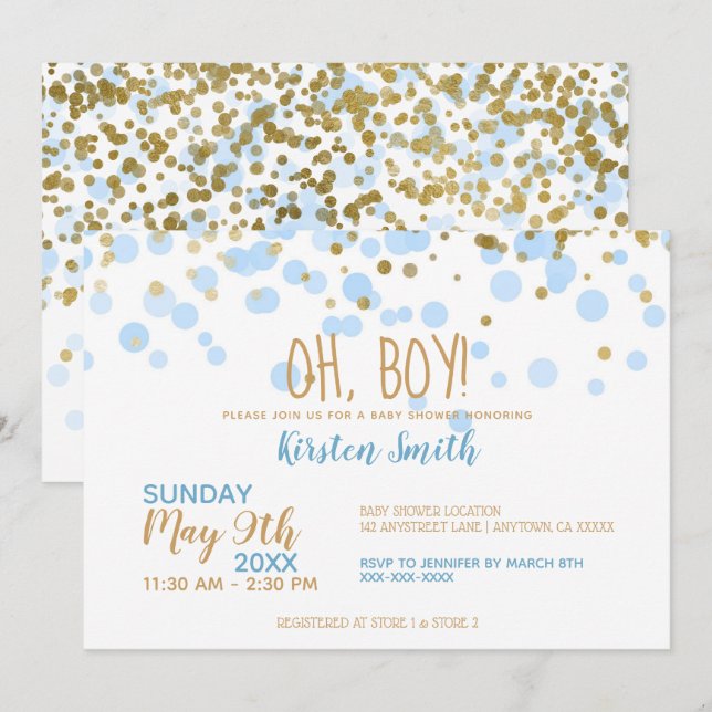 Oh Junge! Blue & Gold Confetti Babydusche Einladung (Vorne/Hinten)