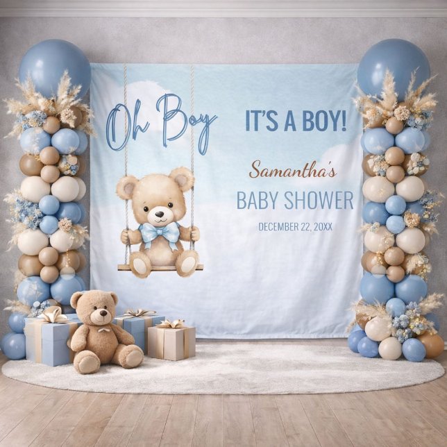 Oh Junge, das ist ein Baby-Duschkopf Wandteppich (Soft blue baby shower backdrop styled with balloon columns and neutral pampas decor)
