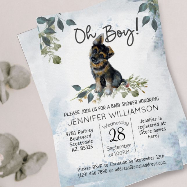 Oh Junge! Deutsche Schäferpuppe Wasserfarben Babyd Einladung (Oh Boy! Dog boy baby shower. German Shepherd Puppy.)
