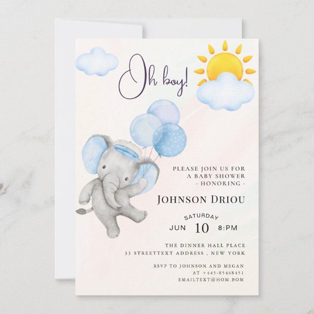 Oh Junge Elefant Baby Shower Einladung (Vorderseite)