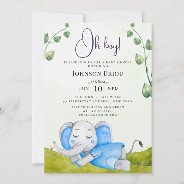 Oh Junge Elefant Baby Shower Einladung (Vorderseite)