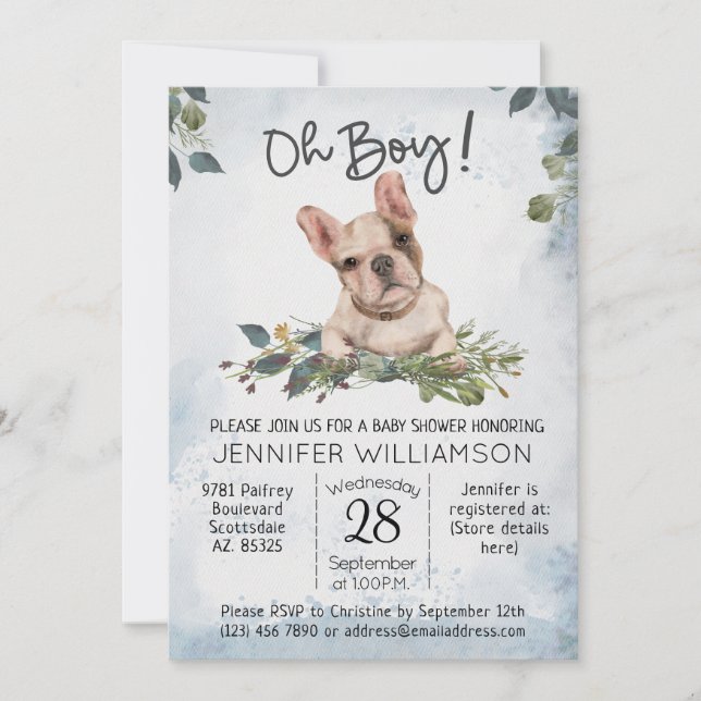 Oh Junge! French Bulldog Puppy Baby Dusche Einladung (Vorderseite)