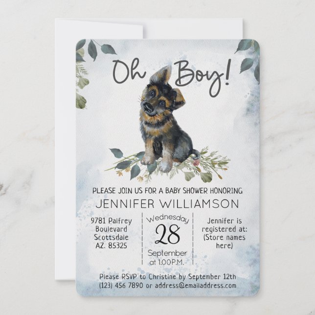 Oh Junge! GSD Puppy Modern Watercolor Babydusche Einladung (Vorderseite)