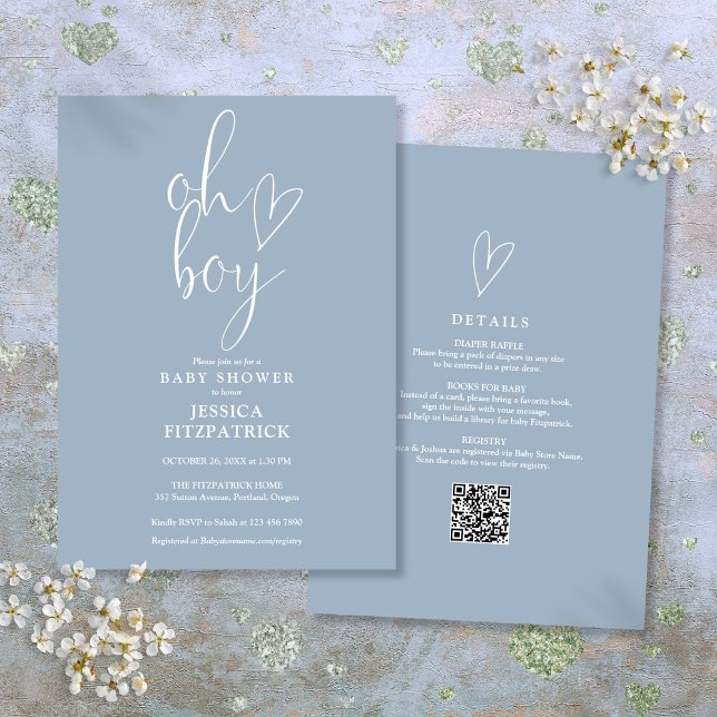 Oh, Junge Herz Dusty Blue Boy All in One Baby Dusc Einladung (Oh Boy Heart Dusty Blue Boy All In One Baby Shower Invitation)