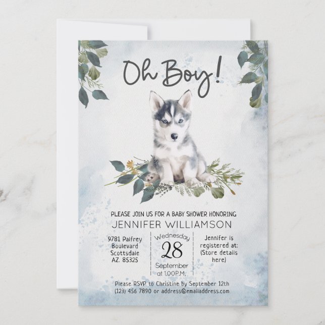 Oh Junge! Husky Puppy Watercolor Babydusche Invita Einladung (Vorderseite)