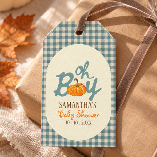 Oh Junge Kürbis blau Gingham Baby-Party Geschenkanhänger
