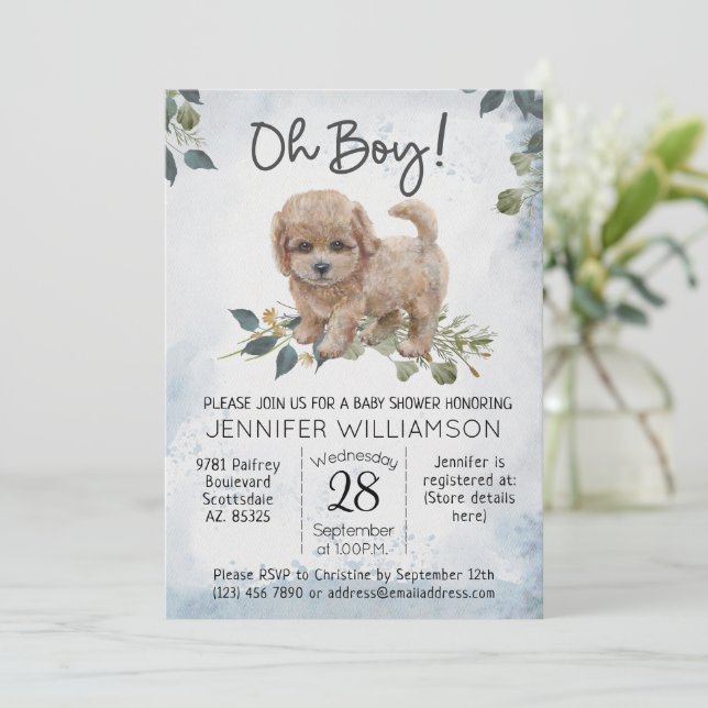 Oh Junge! Labradoodle Puppy Watercolor Babydusche Einladung (Stehend Vorderseite)