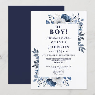 Oh Junge Navy Blau Elegantes Florales Babyshower Einladung