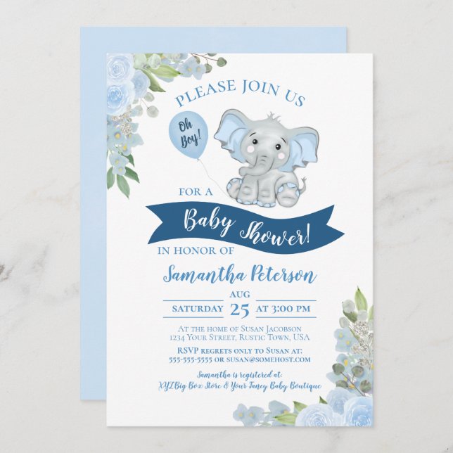 Oh Junge! Niedlich Elephant Blue Floral Baby Dusch Einladung (Vorne/Hinten)