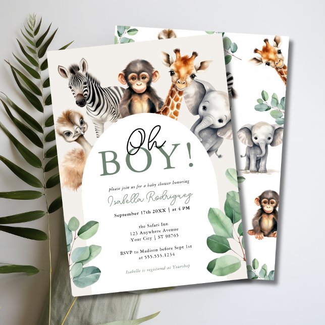 Oh Junge Niedlich Safari Tiere Grüne Kinderdusche Einladung (Oh Boy, Jungle Safari Baby Shower Invitation)