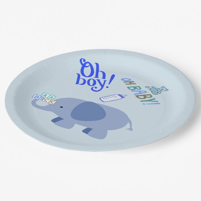 Oh Junge! Oh, Baby! Blue Elephant Baby Dusche Pappteller (Schrägansicht)
