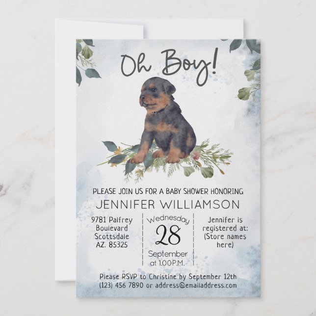 Oh Junge! Rottweiler Pup Watercolor Babydusche Einladung (Vorderseite)