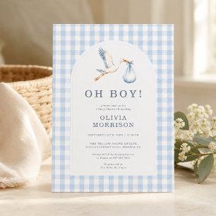 Oh Junge Storch Blau Gingham Baby Shower Einladung