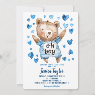 Oh Junge Teddybär Blaue Herzen Junge Baby-Party Einladung