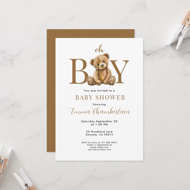 Oh Junge Teddybär Junge Baby Shower Einladung (Vorderseite/Rückseite Beispiel)
