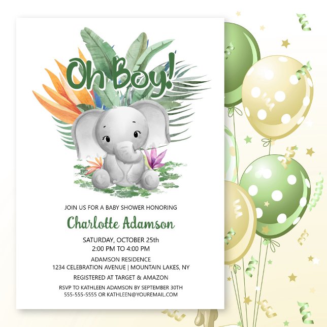 Oh Junge! Tropical Gray Baby Elephant Baby Dusche Einladung (Von Creator hochgeladen)