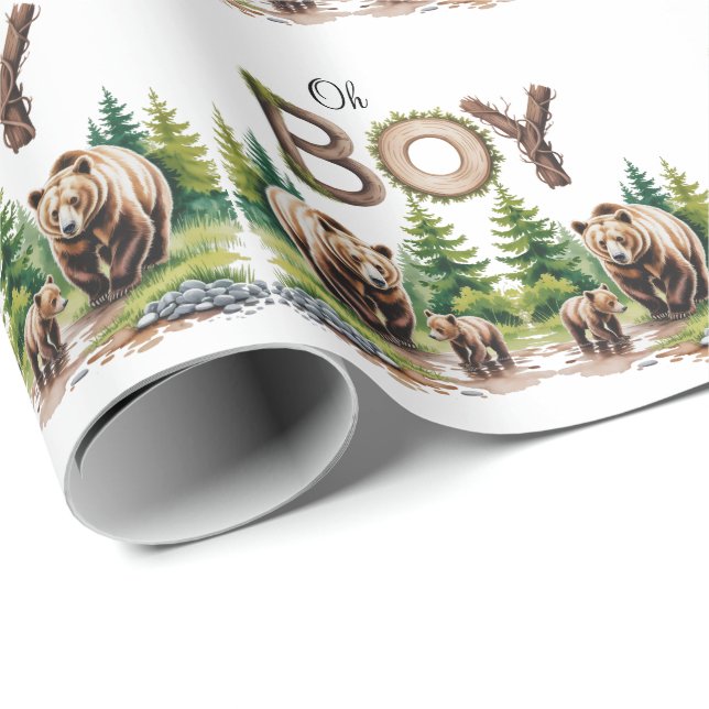 Oh Junge: Waldbaumtypografie Bärendusche Geschenkpapier (Rolleneckpunkt)