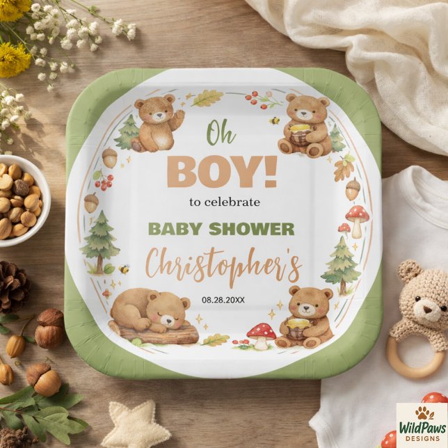 Oh Junge Wasserfarbe Wald Bär Baby Shower Pappteller (Oh Boy Watercolor Woodland Bear Baby Shower Paper Plates
)