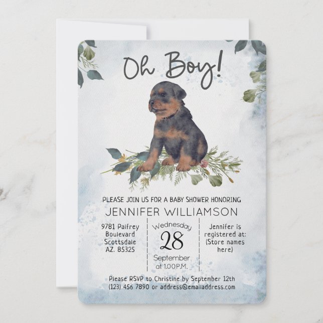 Oh Junge! Wasserfarbe Welpe Dog Babydusche Einladung (Vorderseite)