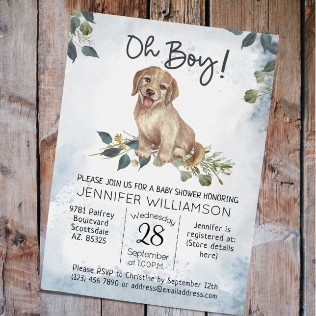 Oh Junge! Welpe Modern Watercolor Babydusche Einladung (Oh Boy! Labrador Puppy Dog Baby Shower invitation)