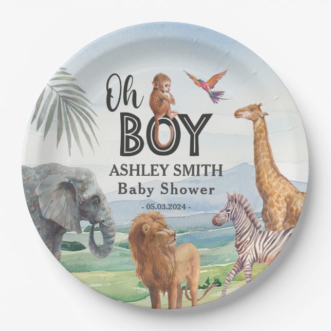 Oh Junge! Wild Safari Animals Baby Shower Pappteller (Vorderseite)