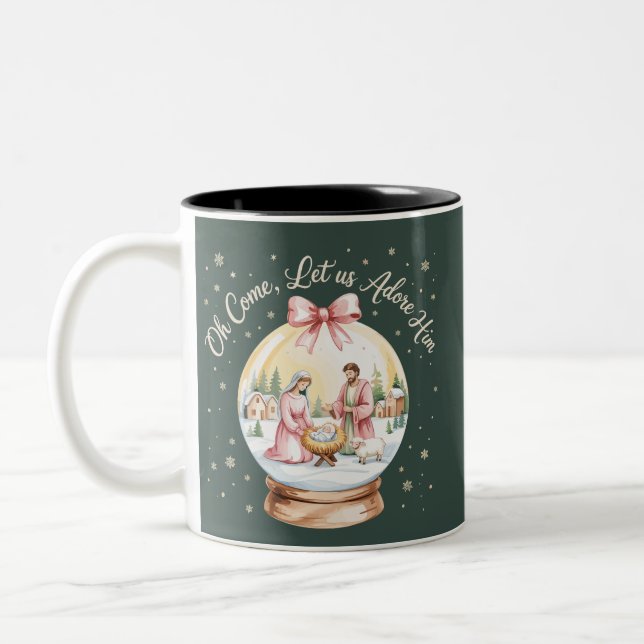 Oh, kommen Sie Lass uns Adore Ihm Jesus Xmas rosa  Zweifarbige Tasse (Links)