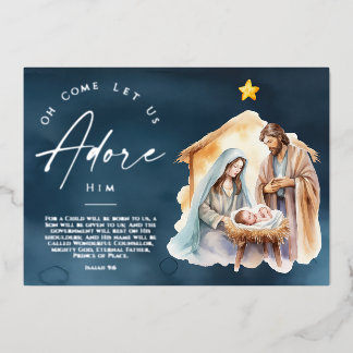 Oh, kommen Sie Lass uns Adore Ihm Weihnachtssilber Folien Feiertagskarte