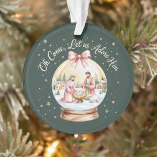 Oh kommt lasst uns ihn anbeten Jesus Xmas Pink Coq Ornament