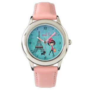 Oh La Paris Girl and Cat with Eiffelturm Armbanduhr