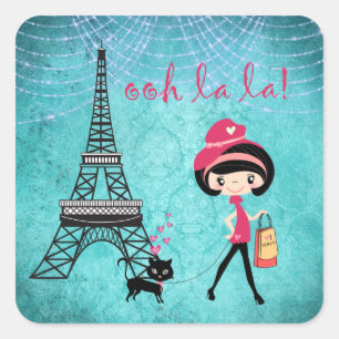 Oh La Paris Girl and Cat with Eiffelturm Quadratischer Aufkleber