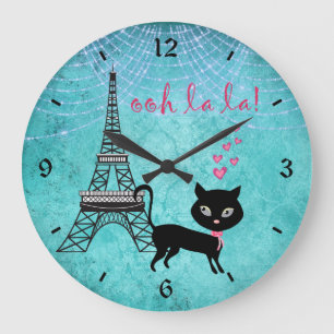 Oh La Paris Katze mit Eiffelturm und Lichter Große Wanduhr