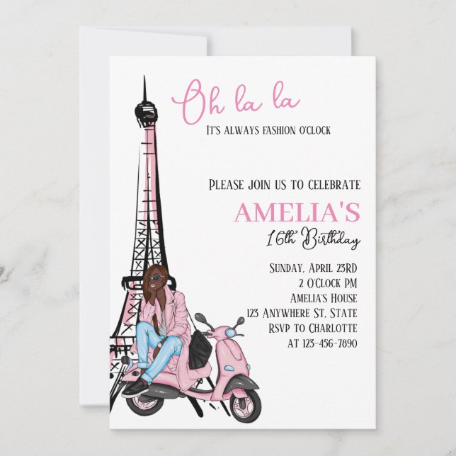 Oh la Paris Pink Geburtstag Einladung (Vorderseite)
