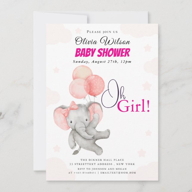 Oh Mädchen Elefant Baby Shower Einladung (Vorderseite)
