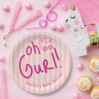 Oh Mädchen Pink Stripe Mädchen Baby Shower Pappteller