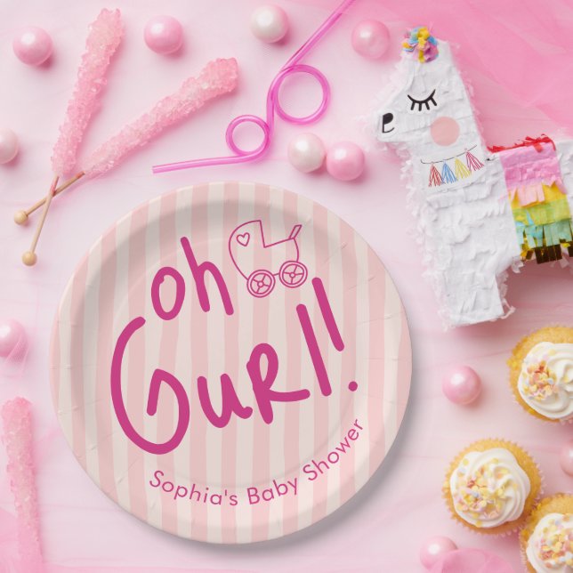 Oh Mädchen Pink Stripe Mädchen Baby Shower  Pappteller (Party)