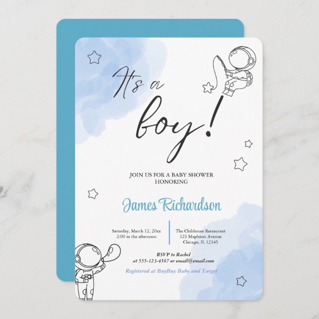 Oh niño eucaliptos modernos globos azules bebé einladung (Vorne/Hinten)