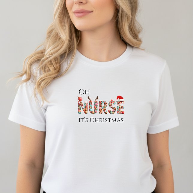 Oh Nurse It’s Christmas • Holiday Nurse T-shirt Tri-Blend Shirt (White women’s t-shirt with festive text “Oh Nurse It’s Christmas” and red Santa hat design)