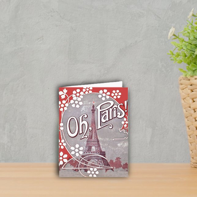 Oh Paris Eiffel Tower Note Card Karte (Eiffel Tower in Paris white daisy flowers on grey notecard.)