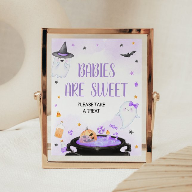 Oh Sheet Boo-y Halloween Babies sind süß Poster (Purple Oh Sheet Boo-y Ghoul Baby Shower Babies are Sweet Sign)