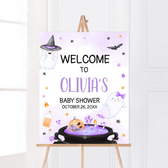 Oh Sheet Boo y Halloween Baby Dusche Willkommen Poster (Purple Oh Sheet Boo-y Ghoul Baby Shower Welcome Sign)