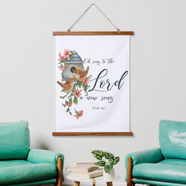 Oh, singe dem Herrn ein neues Lied. Vögel und Haus Wandteppich Mit Holzrahmen (Wohnzimmer)