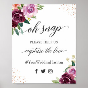 Oh Snap Hashtag Pflaume Lila Florale Hochzeitstafe Poster